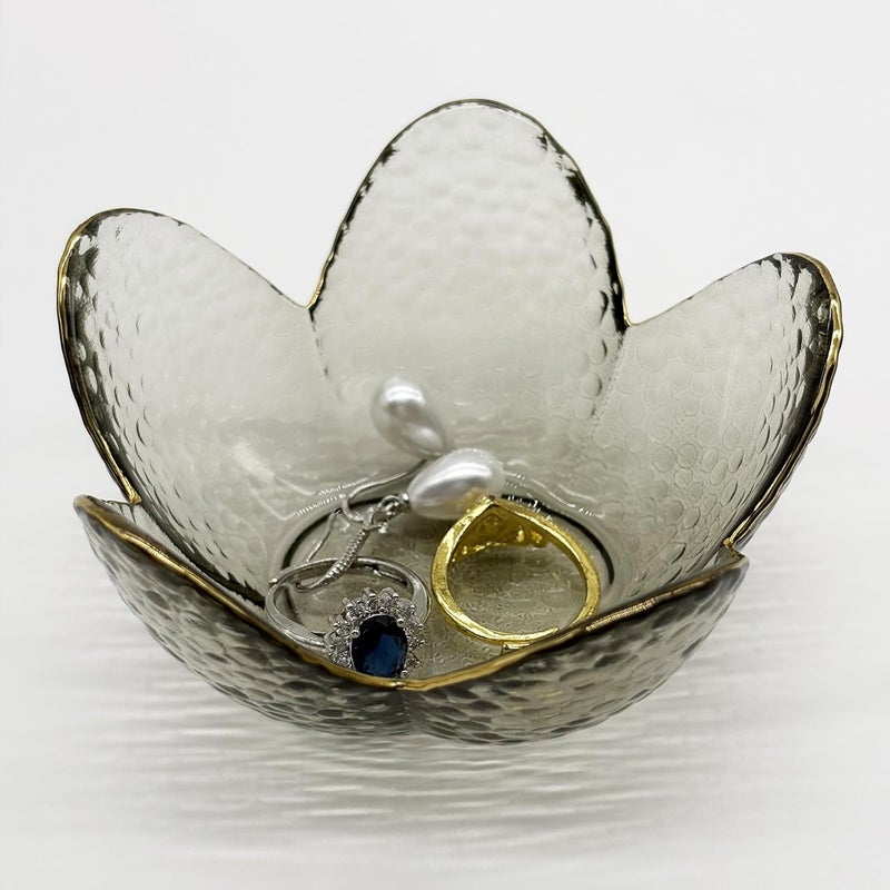 BESSKON Flower Ring Dish Jewelry Tray, Glass Jewelry Dish Tray, Cute Room Decor Small Trinket Dish, Nightstand Jewlery Ring Holder, Bathroom Jewlery Plate Bowl for Earring Gift for Women (Smoky Black) - Image 1